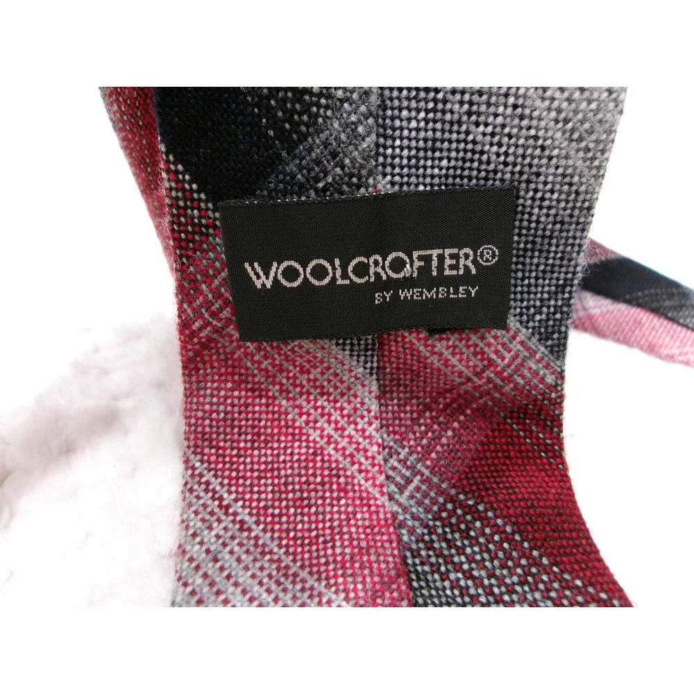 Woolcrofter Mens 3x56 Necktie Red Grey Black Plaid Wool Blend Made in USA